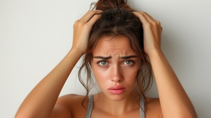 Fototapeta premium Woman clutches his head in despair,hands gripping head showing shocked, screaming, depressed expressions.