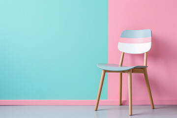 Colorful Wooden Chair Against a Bright pastel Wall in a Minimalist Setting