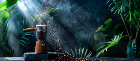 coffee classic grinder and coffee beans concept background - obrazy, fototapety, plakaty