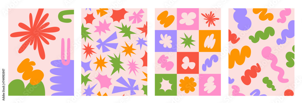 Poster abstract retro set colorful backgrounds with naive playful shapes on a beige background. trendy vect