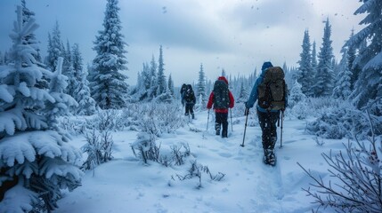 Fluffy snowflakes fall as hikers navigate a winter wonderland, their rhythmic steps creating a calming melody amidst the frosted trees