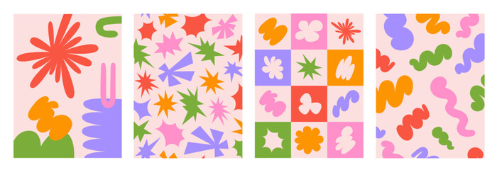 Abstract retro set colorful backgrounds with naive playful shapes on a beige background. Trendy vector illustration