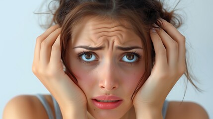 Fototapeta premium Woman clutches his head in despair,hands gripping head showing shocked, screaming, depressed expressions.