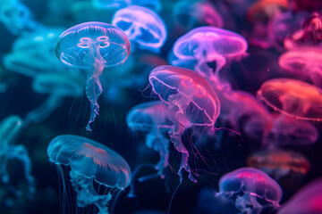 glowing sea jellyfishes on dark background, neural network generated image