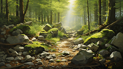 Present a captivating view of stones in a forest clearing with dappled sunlight.