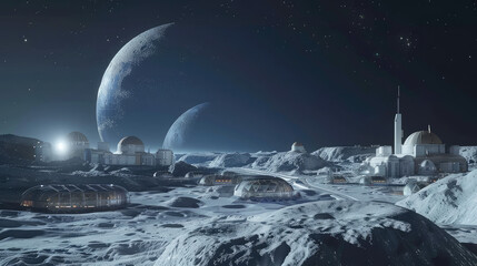 3D render of a lunar colony with domed habitats and greenhouses heralding mankinds future in space living - obrazy, fototapety, plakaty