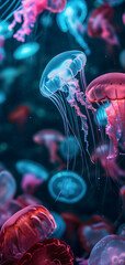 glowing sea jellyfishes on dark background, neural network generated image