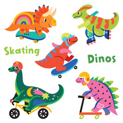 Collection with colourful cartoon dinosaurs ride on skates, rollers and bicycle - 744984444