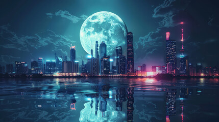A breathtaking moment where the moon reflects a neon splash casting a refreshing wave of light across a futuristic city - obrazy, fototapety, plakaty