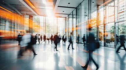 Vibrant business workplace with people walking in blurred motion in modern office environment - Powered by Adobe