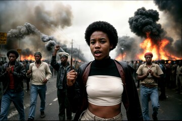 African American protesters ignite urban unrest, demanding social justice amidst blazing chaos - obrazy, fototapety, plakaty