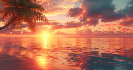 Artistic Depiction of a Coconut Palm Under a Dramatic Sunset with Sea Reflections on a Tropical Shore - obrazy, fototapety, plakaty
