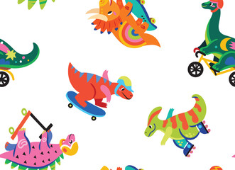 Seamless pattern. Colourful cartoon dinosaurs ride on skates, rollers and bicycle - 744984647