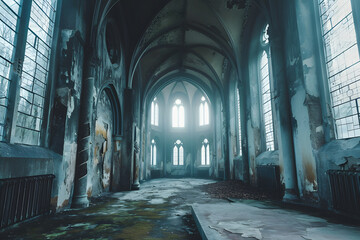 Dark gothic abandoned ancient chapel hall interior with tall windows and columns, foggy and empty.