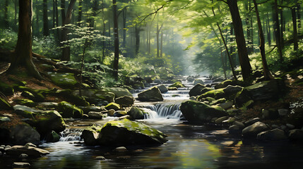 Present a captivating view of stones in a forest stream with cascading water. - obrazy, fototapety, plakaty