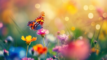 Fototapeta na wymiar Blurred wildflowers create a painterly background, showcasing the butterfly's delicate beauty ,