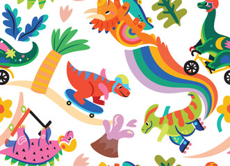 Seamless pattern. Colourful cartoon dinosaurs ride on skates, rollers and bicycle in the park - 744984806