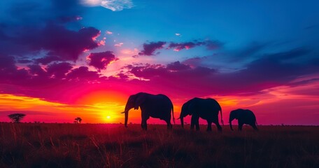 The Striking Silhouettes of Elephants Against a Colorful Sunset - obrazy, fototapety, plakaty