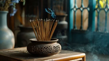 Fotobehang Burning aromatic incense sticks. Incense for praying Buddha or Hindu gods to show respect. © Nataliya