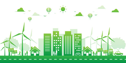 green city ecology environment and renewable energy on white background. lanscape sustainable building solar panel and wind turbine. save the world with eco-friendly. vector illustration flat.