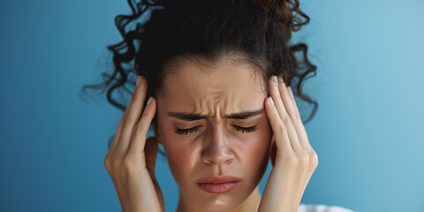 Woman suffer from stress or a headache grimacing in pain. young woman holding hands near head while suffering from painful headache migraine on studio blue background. Copy paste