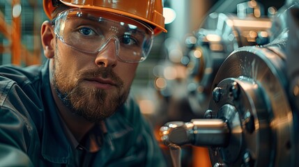 Focused technician in hard hat and safety glasses meticulously services machinery, embodying expertise at an industrial plant
