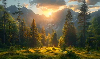 Foto op Plexiglas Beautiful nature landscape with mountains and pine tree, generated by AI © Sigit