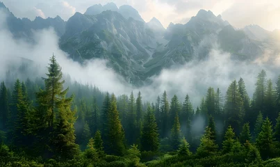 Foto op Plexiglas Beautiful nature landscape with mountains and pine tree, generated by AI © Sigit