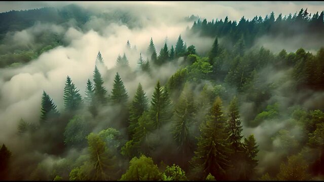 Misty clouds float low over lush coniferous forest, aerial view