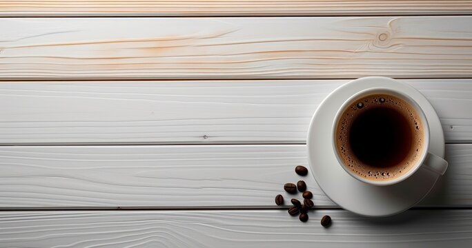 A Perfectly Placed Coffee Cup on a Spotless White Wooden Surface