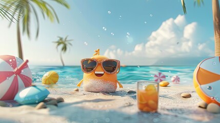 Fototapeta na wymiar summer vacation concept on the beach in modern 3D animation style