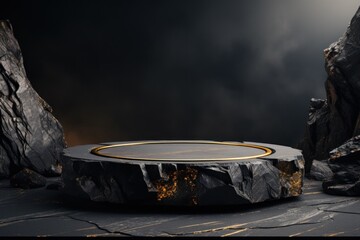 Obraz premium Product display mockup, empty Black stone and gold cylinder podium display stand for product display against a backdrop of black rock boulder, Cosmetic showcase.