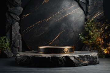 Product display mockup, empty Black stone and gold cylinder podium display stand for product display against a backdrop of black rock boulder, Cosmetic showcase.