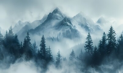 Beautiful nature landscape with mountains and pine tree, in winter, generated by AI