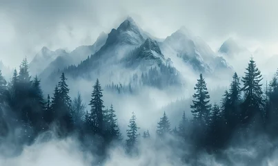Fotobehang Beautiful nature landscape with mountains and pine tree, in winter, generated by AI © Sigit