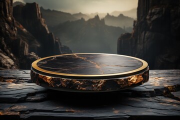 Obraz premium Product display mockup, empty Black stone and gold cylinder podium display stand for product display against a backdrop of black rock boulder, Cosmetic showcase.