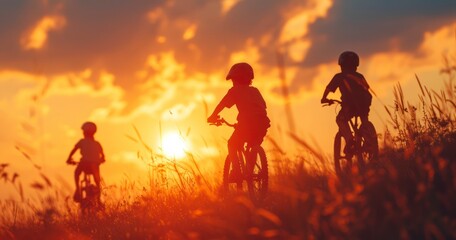 The Vibrant Backdrop of the Setting Sun Behind Active Asian Kids on Bikes