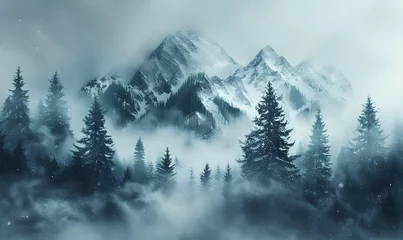 Draagtas Beautiful nature landscape with mountains and pine tree, in winter, generated by AI © Sigit