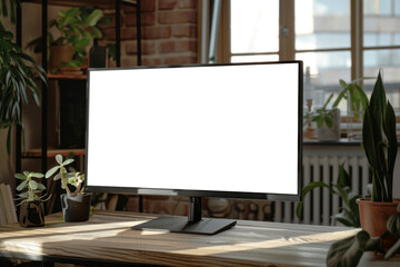 Urban Loft Workspace with Computer Screen and Brick Backdrop.