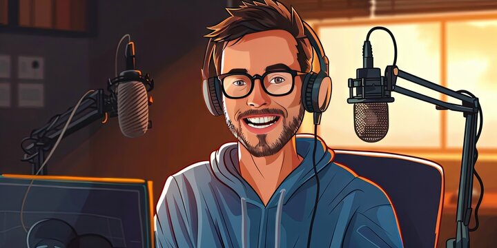 Podcaster in modern animation stile with cel shading