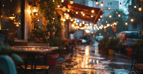 contemplative rain sky composition, embraced by the warm and inviting light of cafe lights, creating a cozy and comforting ambiance during urban rainfall - obrazy, fototapety, plakaty