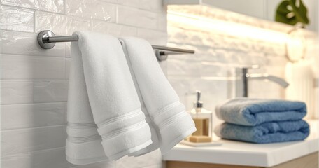 Fluffy Clean Towels Neatly Arranged on a Bathroom Rack
