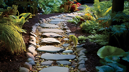 Present a scene of stones creating a natural border along a garden path.