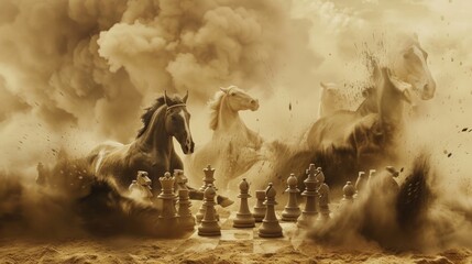 Chess board battle illustration with real horses in sand desert