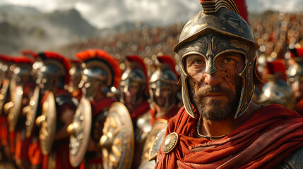 16:9 the commanding presence of General as he leads a phalanx of Spartan warriors at the forefront of a critical battle. - obrazy, fototapety, plakaty