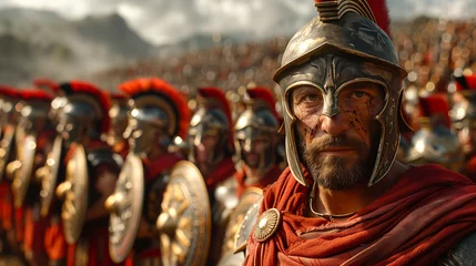 Foto op Canvas 16:9 the commanding presence of General as he leads a phalanx of Spartan warriors at the forefront of a critical battle. © jkjeffrey