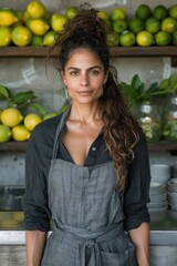 Obraz premium Woman in an apron standing in a kitchen with lemons in the background.