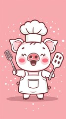 Happy pig in a wearing chef hat and apron.