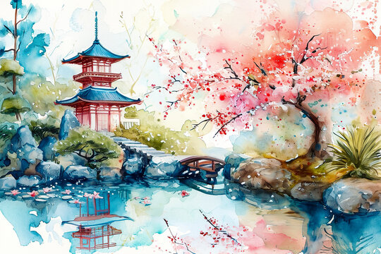 A whimsical watercolor painting of a Japanese garden, with a small pagoda and a cherry blossom tree