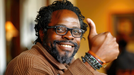 A happy man with dreadlocks, glasses, and a sweater giving a thumbs-up.